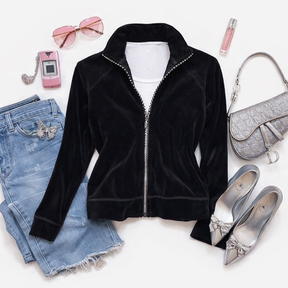 Y2K Velour Rhinestone Zip Up Jacket | Black | Medium Petite